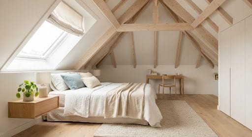 Chambre aménagée sous combles avec poutres apparentes et fenêtre de toit