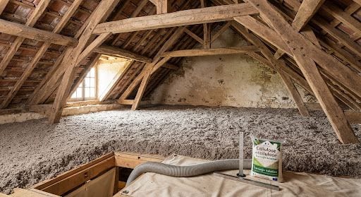 Grenier sous charpente ancienne recouvert d’un épais matelas de ouate soufflée