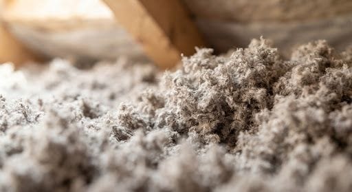Gros plan d’un isolant soufflé entre deux solives