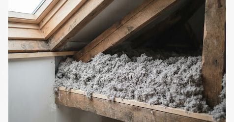 Isolant en vrac gris posé entre les solives sous un rampant avec fenêtre de toit