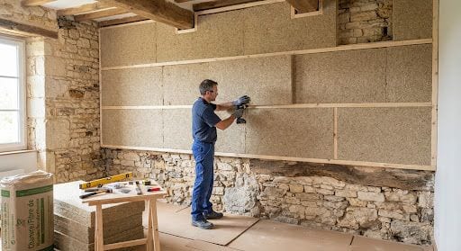 Artisan fixant des panneaux isolants fibreux contre un mur en pierre