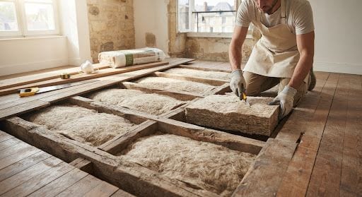 Artisan posant des panneaux isolants entre les lambourdes d’un plancher en bois