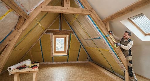 Artisan posant des panneaux isolants sous les rampants d’une toiture équipée d’une fenêtre de toit