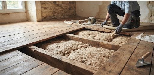 Isolant posé entre les solives d’un plancher ancien en cours de rénovation