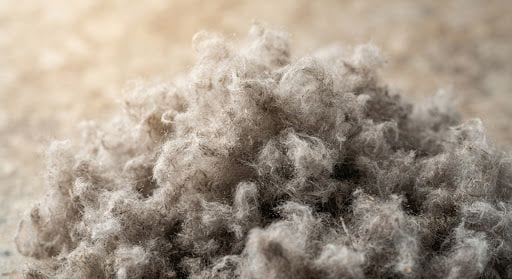 Gros plan de flocons de ouate de cellulose grise