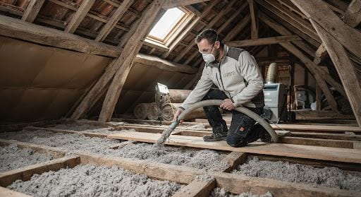 Artisan soufflant de la ouate de cellulose dans des combles perdus sous une charpente en bois